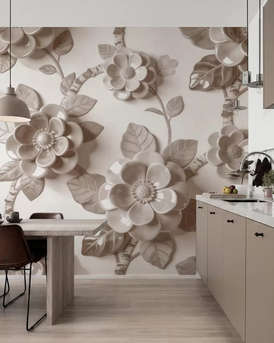 murais de parede Arranjo elegante em bege com flores tridimensionais esculpidas w09887v1