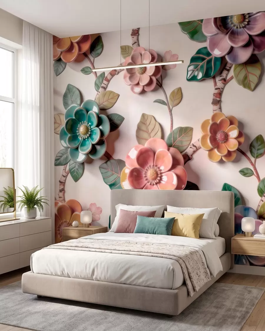 murais de parede Flores e folhas de cerâmica tridimensionais em uma paleta de cores vibrantes w09887v2