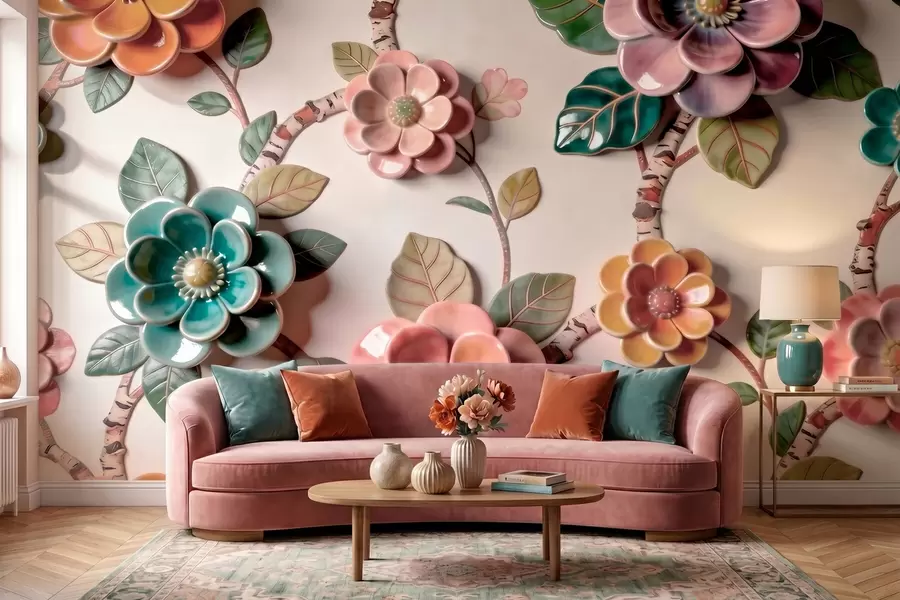 murais de parede Flores e folhas de cerâmica tridimensionais em uma paleta de cores vibrantes w09887v2