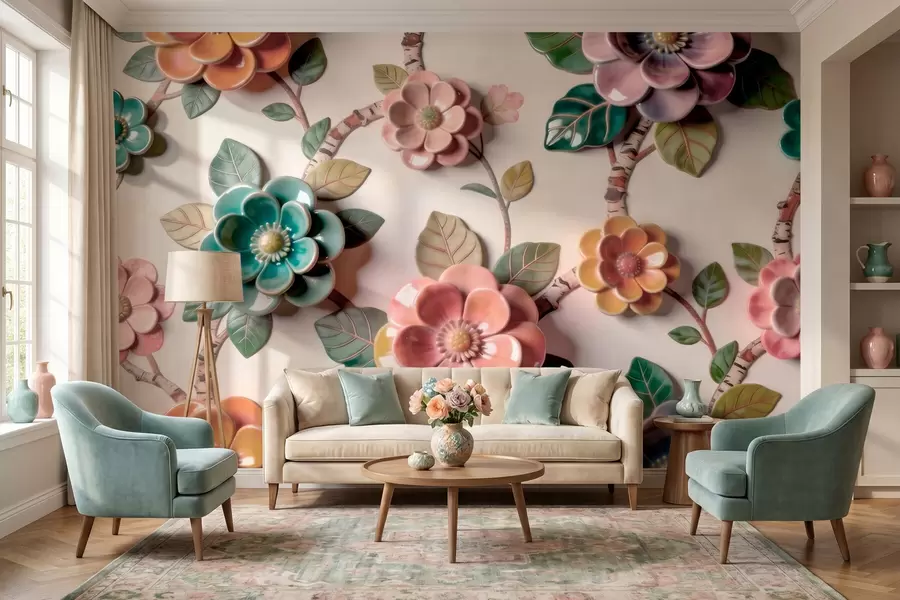 murais de parede Flores e folhas de cerâmica tridimensionais em uma paleta de cores vibrantes w09887v2