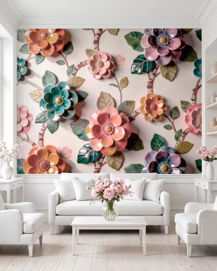 murais de parede Flores e folhas de cerâmica tridimensionais em uma paleta de cores vibrantes w09887v2