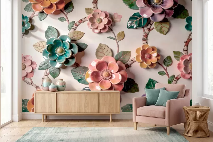 murais de parede Flores e folhas de cerâmica tridimensionais em uma paleta de cores vibrantes w09887v2