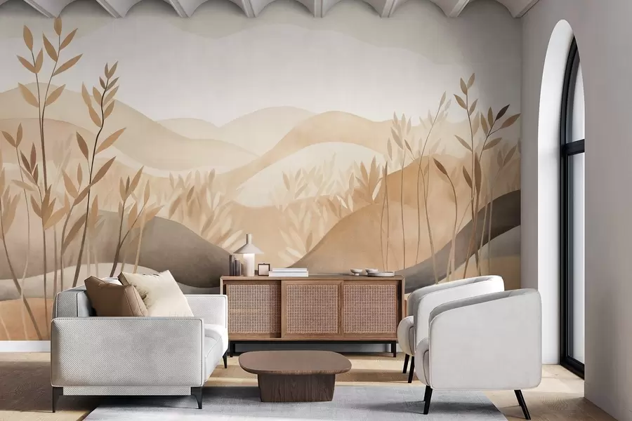 murais de parede Paisagem abstrata com colinas onduladas em tons de marrom e bege, obra de arte texturizada w09617