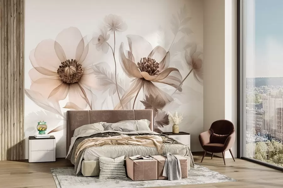 murais de parede Flores grandes, translúcidas e em tons de sépia, com pétalas delicadas, folhas plumosas e flores menores w09900