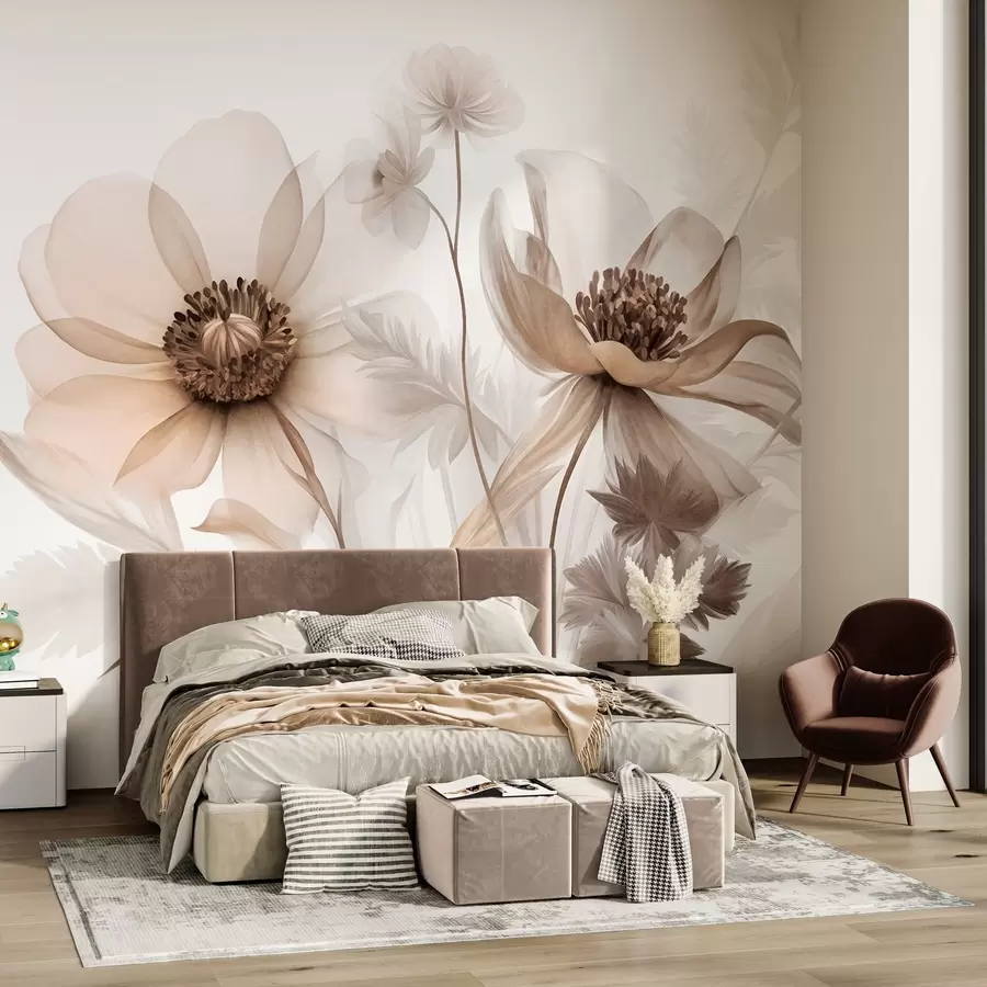 murais de parede Flores grandes, translúcidas e em tons de sépia, com pétalas delicadas, folhas plumosas e flores menores w09900