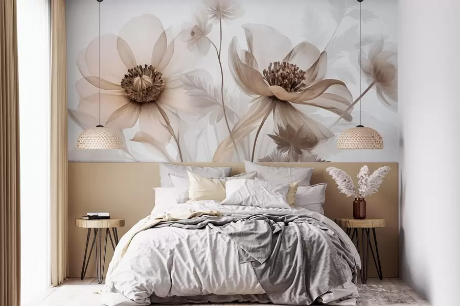 murais de parede Flores grandes, translúcidas e em tons de sépia, com pétalas delicadas, folhas plumosas e flores menores w09900