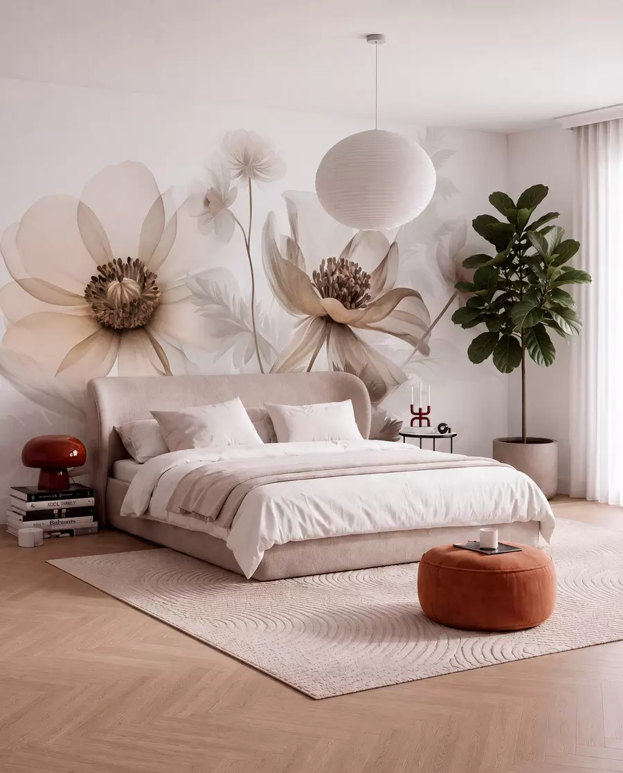 murais de parede Flores grandes, translúcidas e em tons de sépia, com pétalas delicadas, folhas plumosas e flores menores w09900