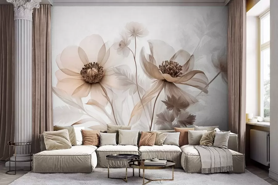 murais de parede Flores grandes, translúcidas e em tons de sépia, com pétalas delicadas, folhas plumosas e flores menores w09900