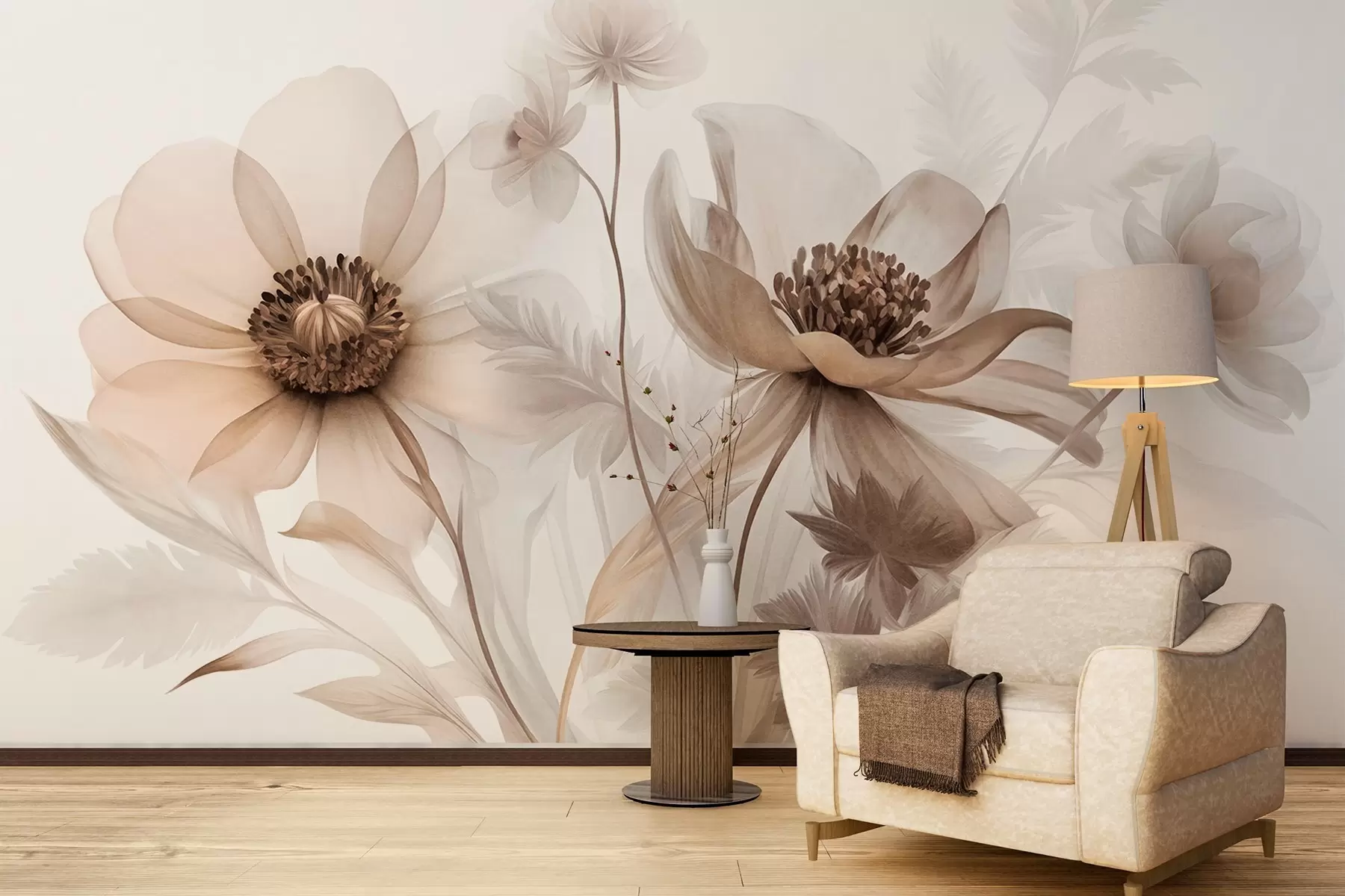 murais de parede Flores grandes, translúcidas e em tons de sépia, com pétalas delicadas, folhas plumosas e flores menores w09900