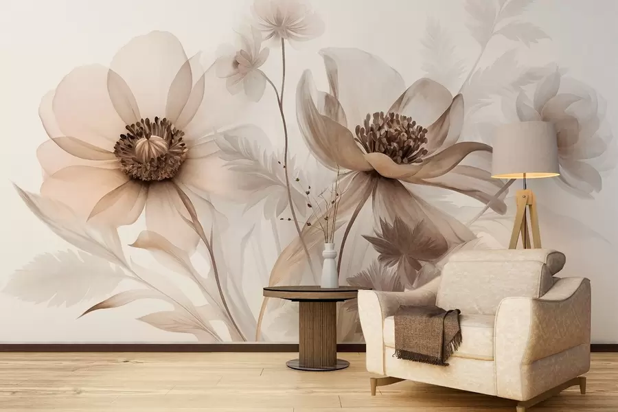 murais de parede Flores grandes, translúcidas e em tons de sépia, com pétalas delicadas, folhas plumosas e flores menores w09900