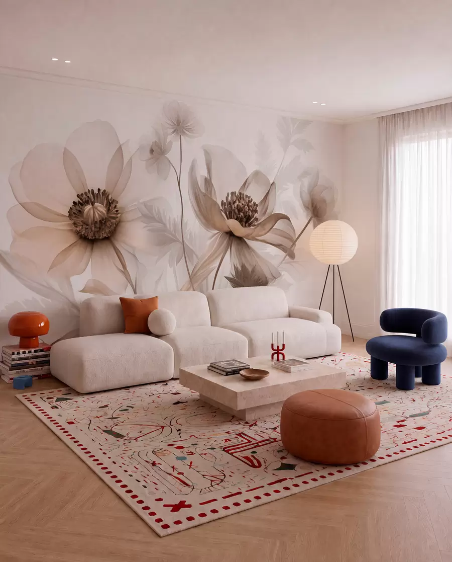 murais de parede Flores grandes, translúcidas e em tons de sépia, com pétalas delicadas, folhas plumosas e flores menores w09900