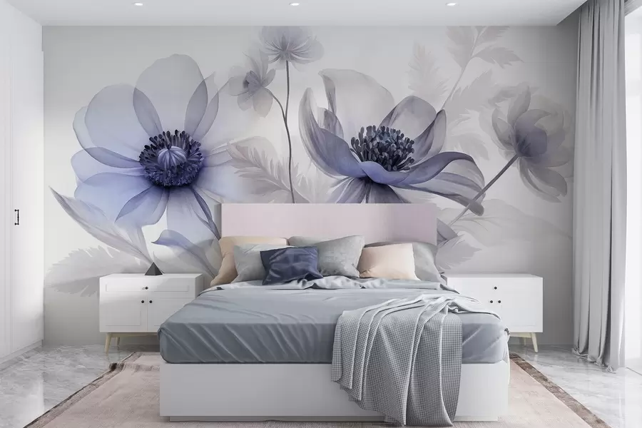 murais de parede Flores grandes, translúcidas e com tons de azul, pétalas delicadas, folhas plumosas e flores menores w09900v1