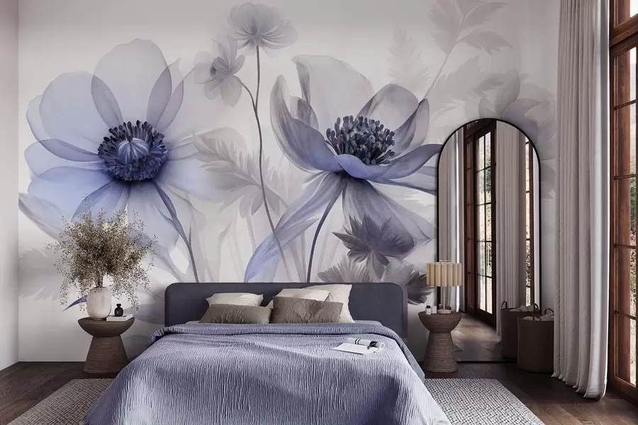 murais de parede Flores grandes, translúcidas e com tons de azul, pétalas delicadas, folhas plumosas e flores menores w09900v1