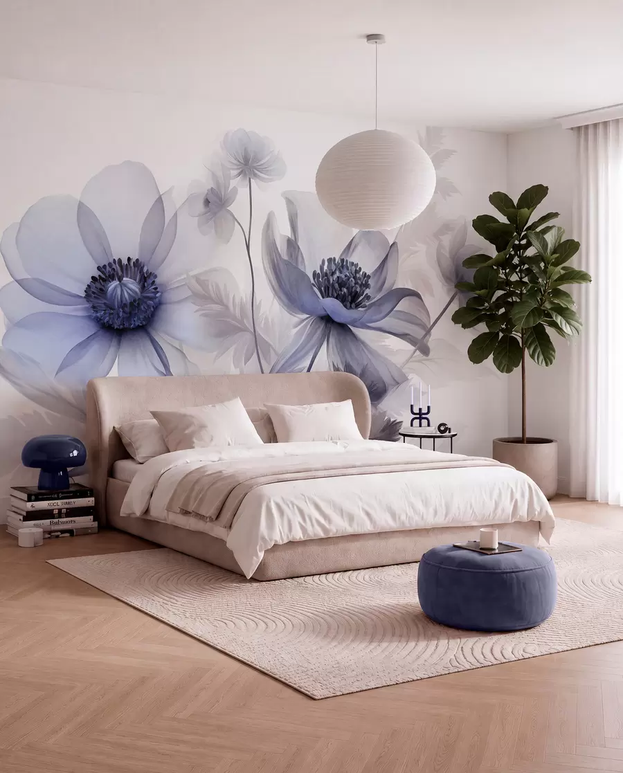 murais de parede Flores grandes, translúcidas e com tons de azul, pétalas delicadas, folhas plumosas e flores menores w09900v1