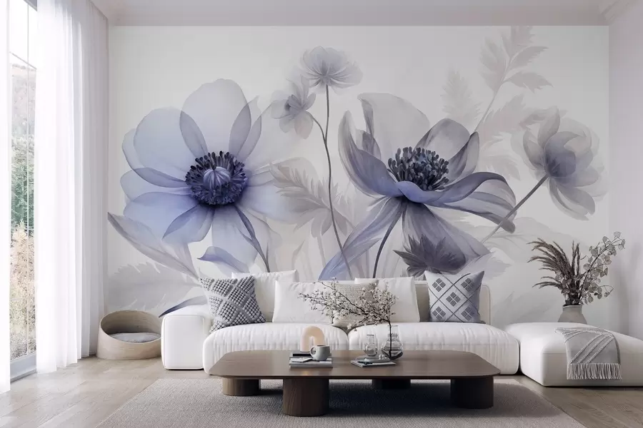 murais de parede Flores grandes, translúcidas e com tons de azul, pétalas delicadas, folhas plumosas e flores menores w09900v1