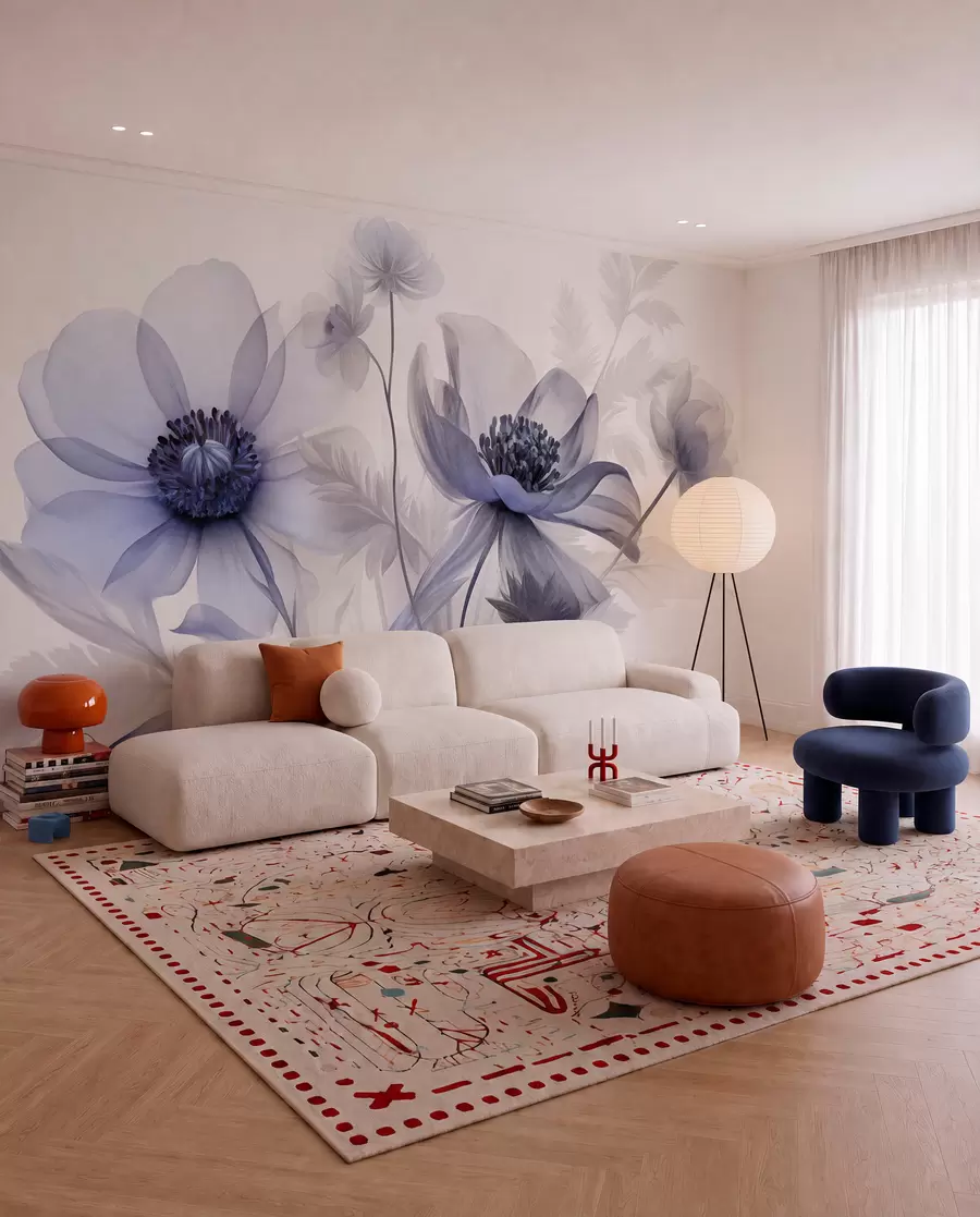 murais de parede Flores grandes, translúcidas e com tons de azul, pétalas delicadas, folhas plumosas e flores menores w09900v1