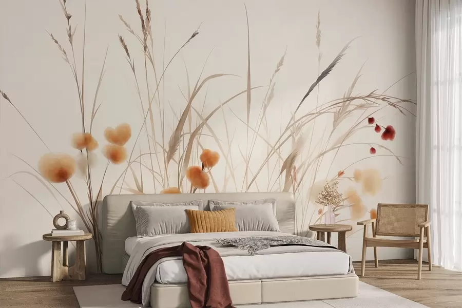 murais de parede Gramíneas altas e pequenas flores silvestres alaranjadas contra um fundo claro, em estilo boho texturizado w09902