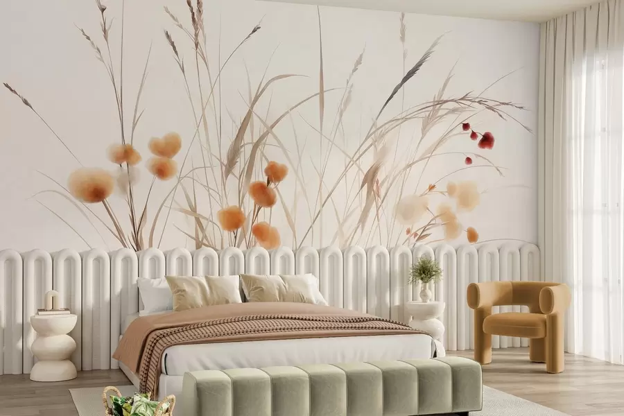 murais de parede Gramíneas altas e pequenas flores silvestres alaranjadas contra um fundo claro, em estilo boho texturizado w09902