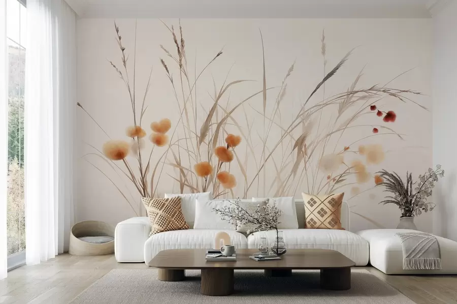 murais de parede Gramíneas altas e pequenas flores silvestres alaranjadas contra um fundo claro, em estilo boho texturizado w09902