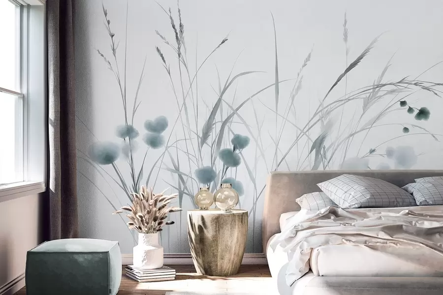 murais de parede Gramíneas altas e pequenas flores silvestres azuis contra um fundo claro, em estilo boho texturizado w09902v1