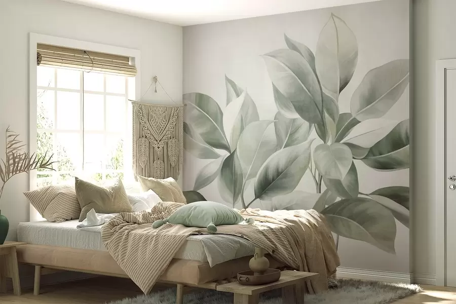murais de parede Folhas verdes claras contra um fundo pálido e suave, em estilo boho texturizado w09909