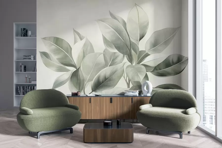 murais de parede Folhas verdes claras contra um fundo pálido e suave, em estilo boho texturizado w09909