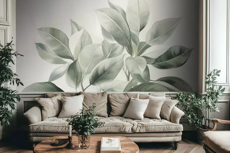 murais de parede Folhas verdes claras contra um fundo pálido e suave, em estilo boho texturizado w09909