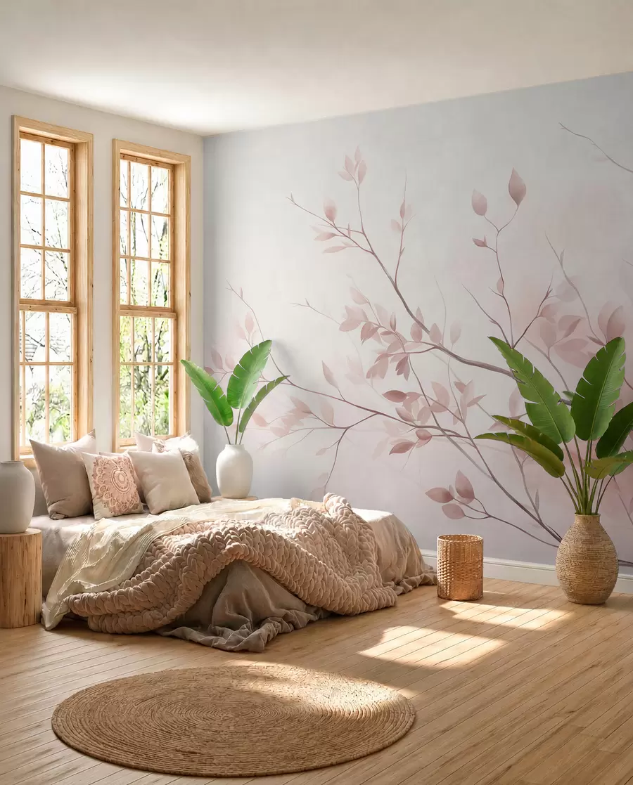 murais de parede Galhos delicados com folhas em tom de rosa suave contra um fundo claro, em estilo aquarela w09910