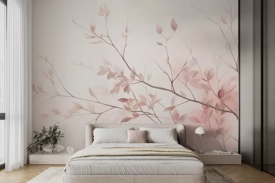 murais de parede Galhos delicados com folhas em tom de rosa suave contra um fundo claro, em estilo aquarela w09910