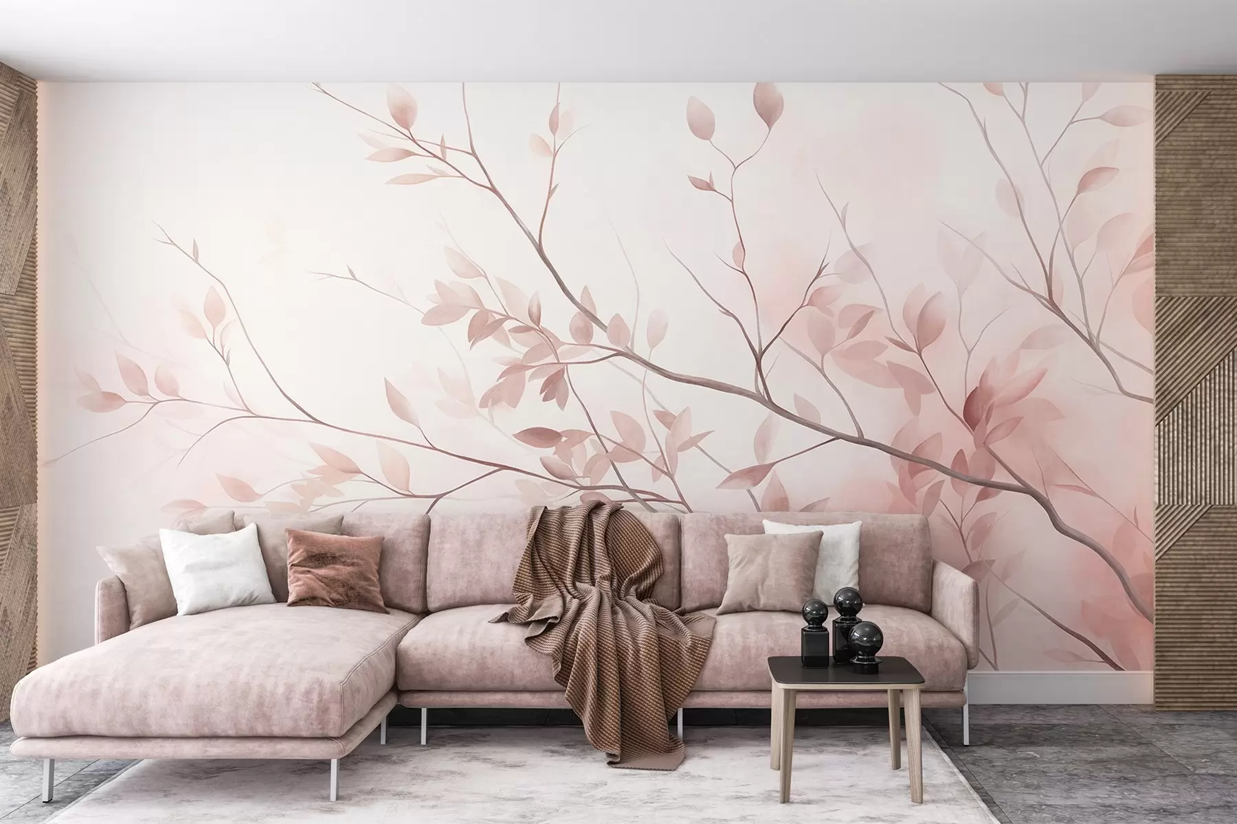 murais de parede Galhos delicados com folhas em tom de rosa suave contra um fundo claro, em estilo aquarela w09910
