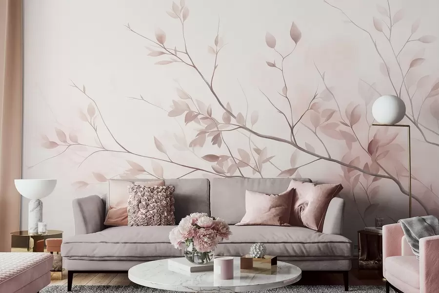 murais de parede Galhos delicados com folhas em tom de rosa suave contra um fundo claro, em estilo aquarela w09910