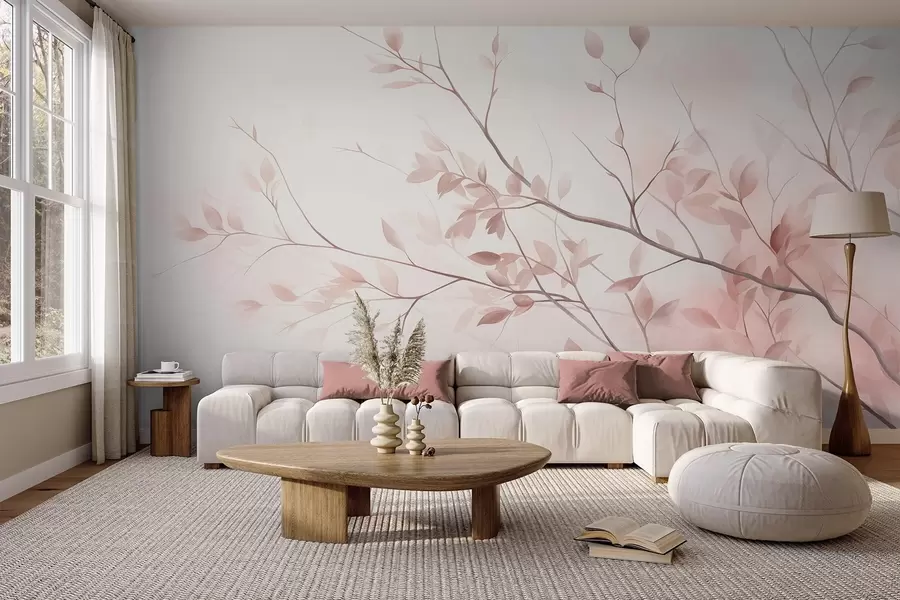 murais de parede Galhos delicados com folhas em tom de rosa suave contra um fundo claro, em estilo aquarela w09910