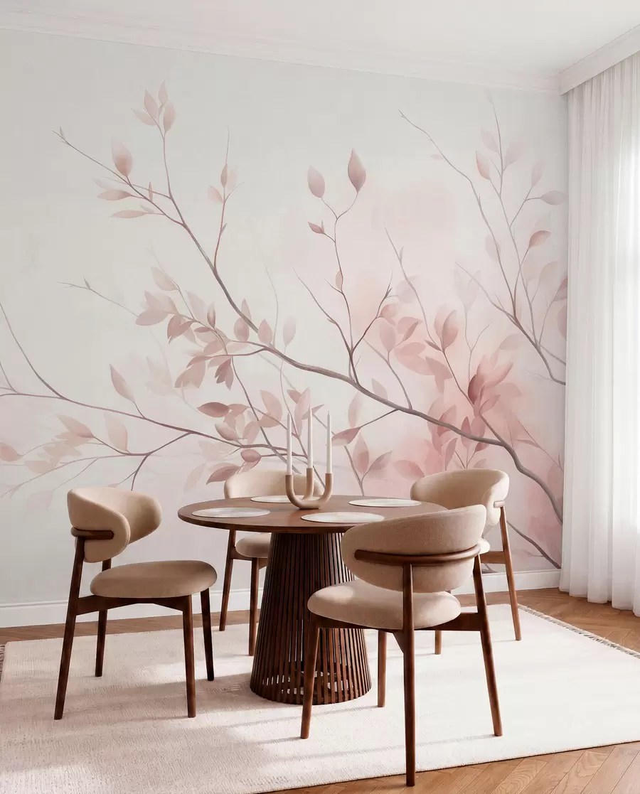 murais de parede Galhos delicados com folhas em tom de rosa suave contra um fundo claro, em estilo aquarela w09910