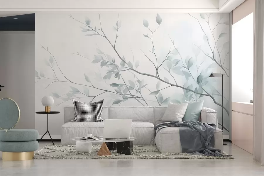 murais de parede Galhos delicados com folhas em tom de rosa suave contra um fundo claro, em estilo aquarela w09910v1