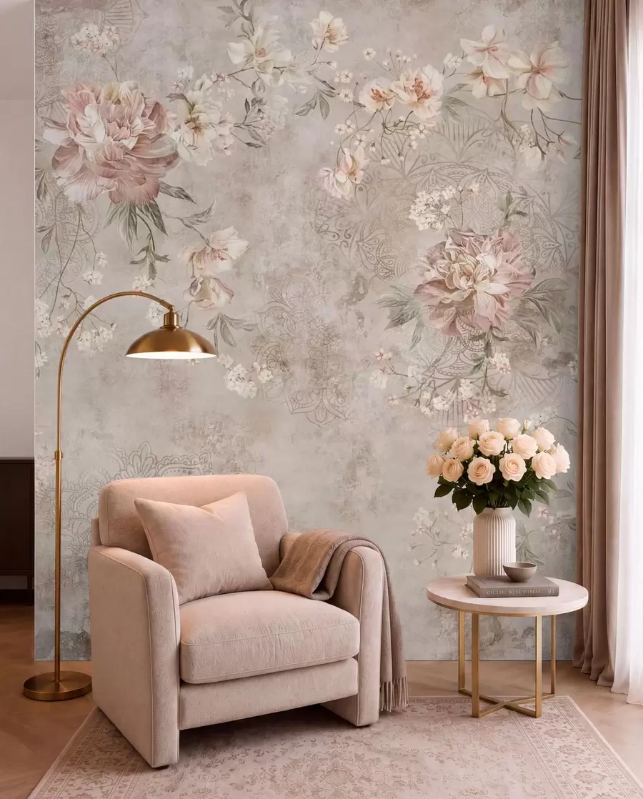 murais de parede Ornamento floral sobre um fundo claro texturizado w05698