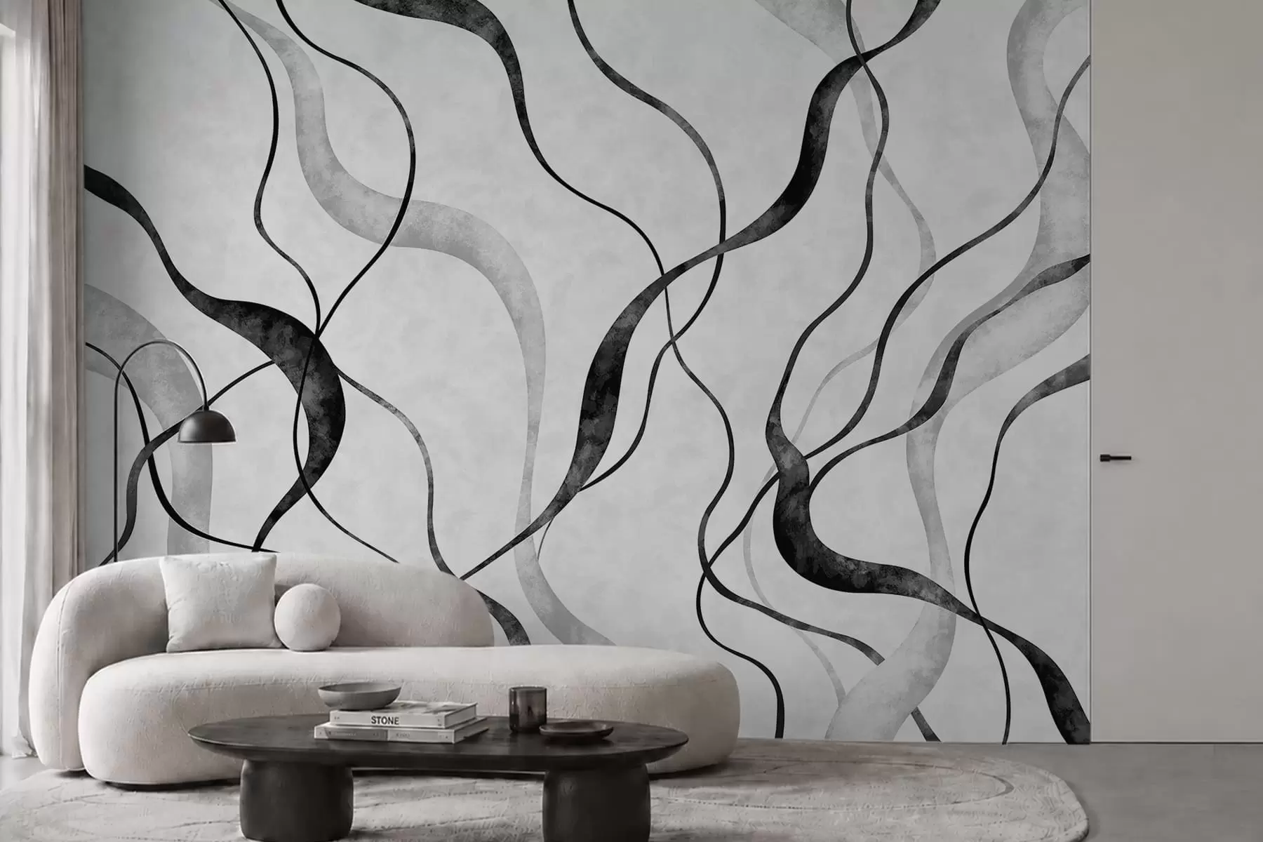 murais de parede Linhas abstratas e fluidas em tons monocromáticos w05699
