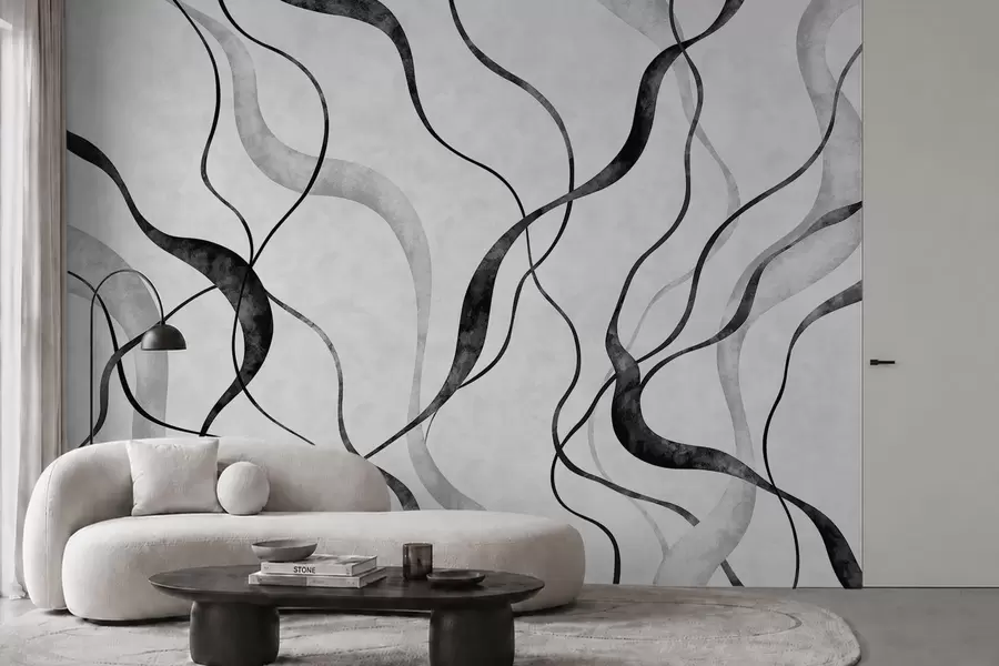 murais de parede Linhas abstratas e fluidas em tons monocromáticos w05699