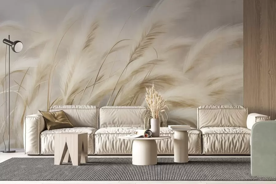 murais de parede Grama alta da pampa balançando suavemente ao vento contra um fundo suave e discreto, obra de arte texturizada w09825