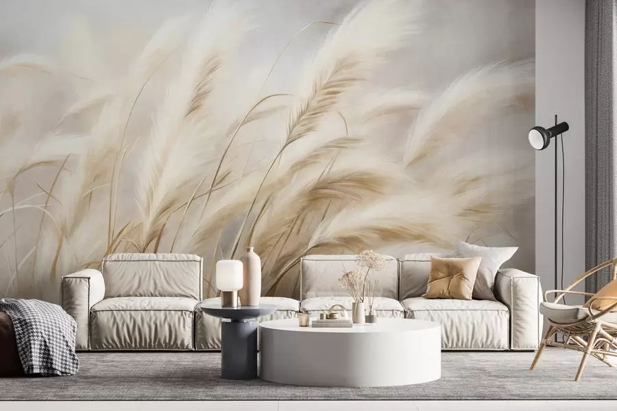 murais de parede Grama alta da pampa balançando suavemente ao vento contra um fundo suave e discreto, obra de arte texturizada w09825