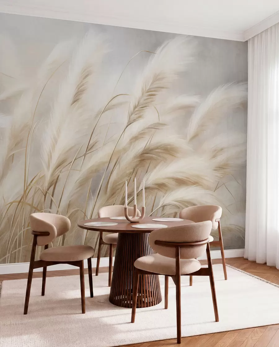 murais de parede Grama alta da pampa balançando suavemente ao vento contra um fundo suave e discreto, obra de arte texturizada w09825