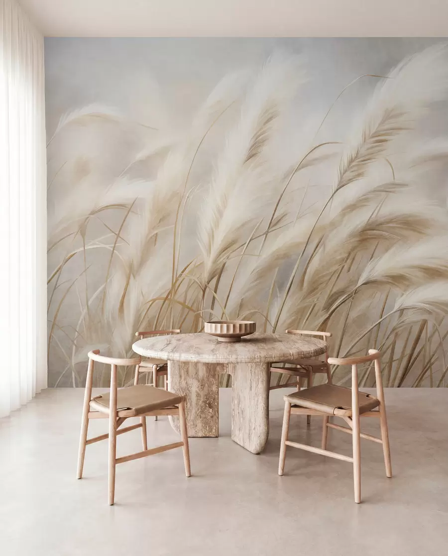 murais de parede Grama alta da pampa balançando suavemente ao vento contra um fundo suave e discreto, obra de arte texturizada w09825