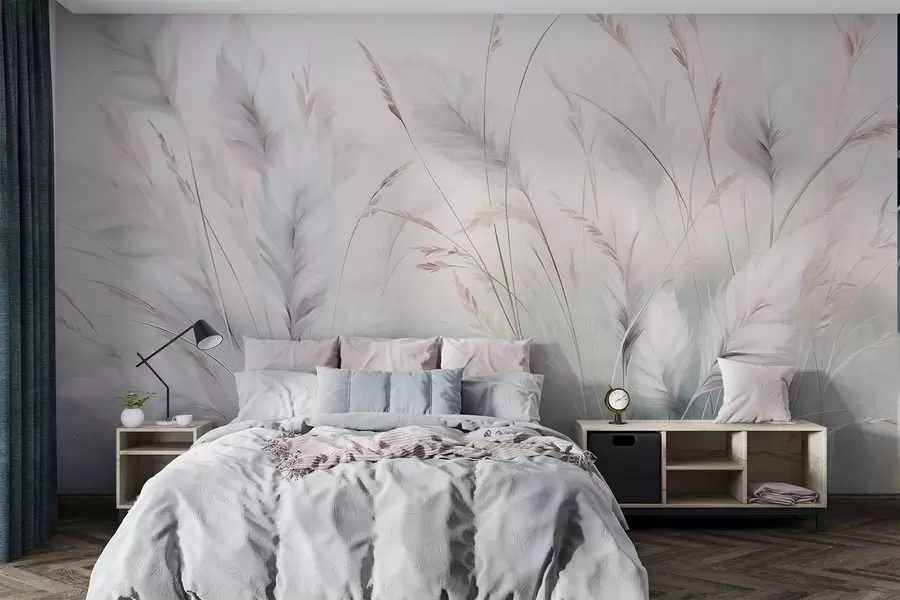 murais de parede Grama alta e esvoaçante balança suavemente contra um fundo suave e discreto; uma delicada obra de arte natural w09831
