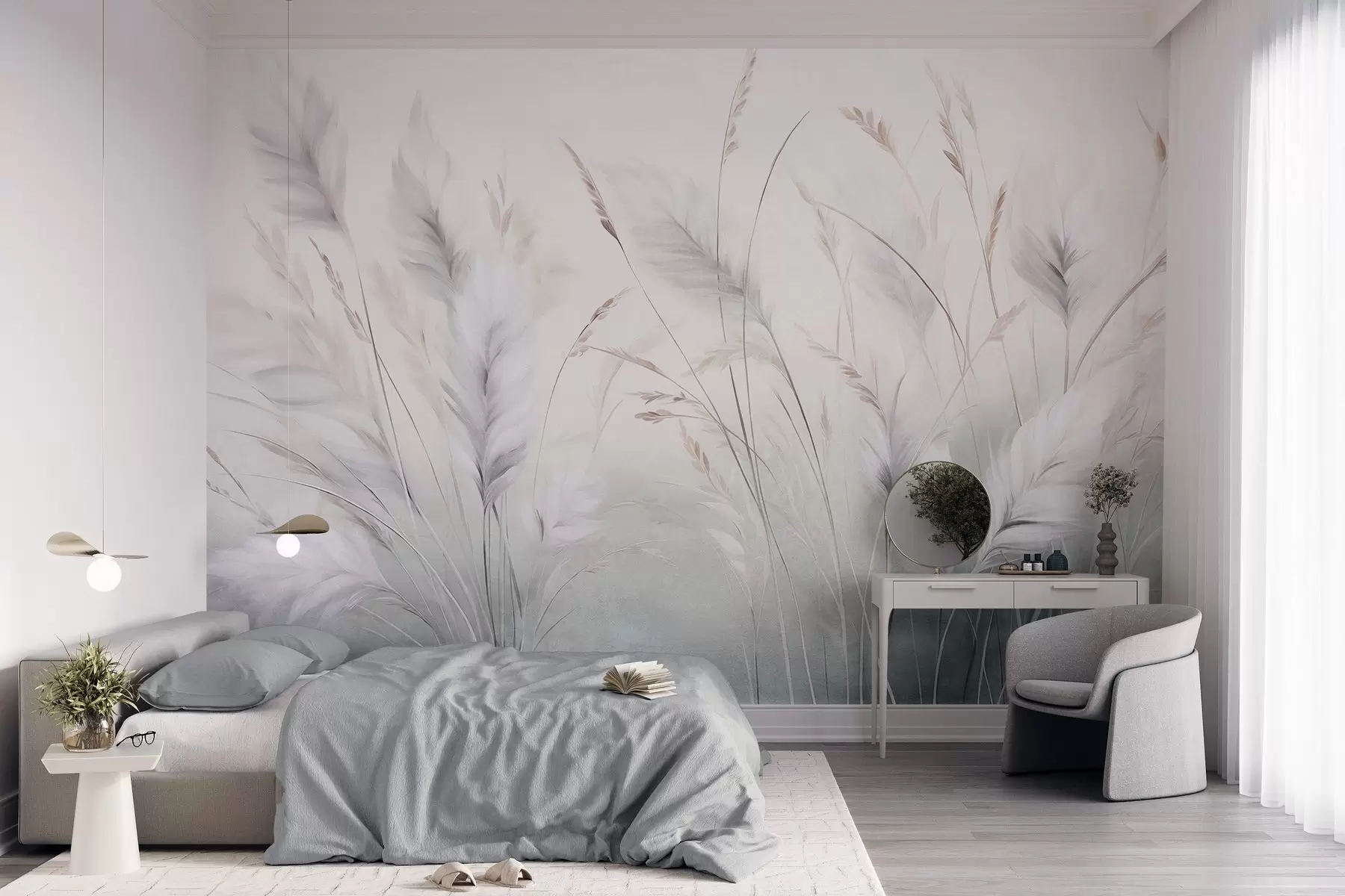 murais de parede Grama alta e esvoaçante balança suavemente contra um fundo suave e discreto; uma delicada obra de arte natural w09831