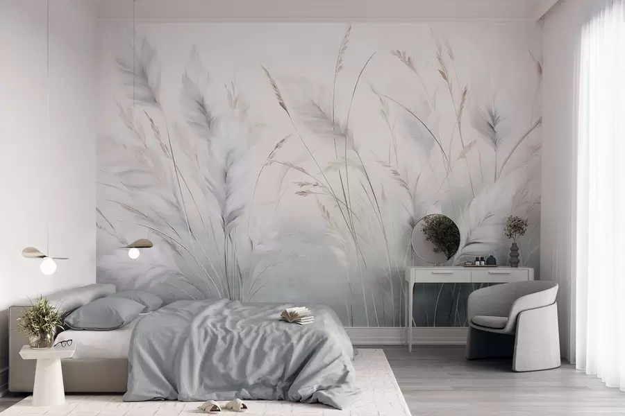 murais de parede Grama alta e esvoaçante balança suavemente contra um fundo suave e discreto; uma delicada obra de arte natural w09831