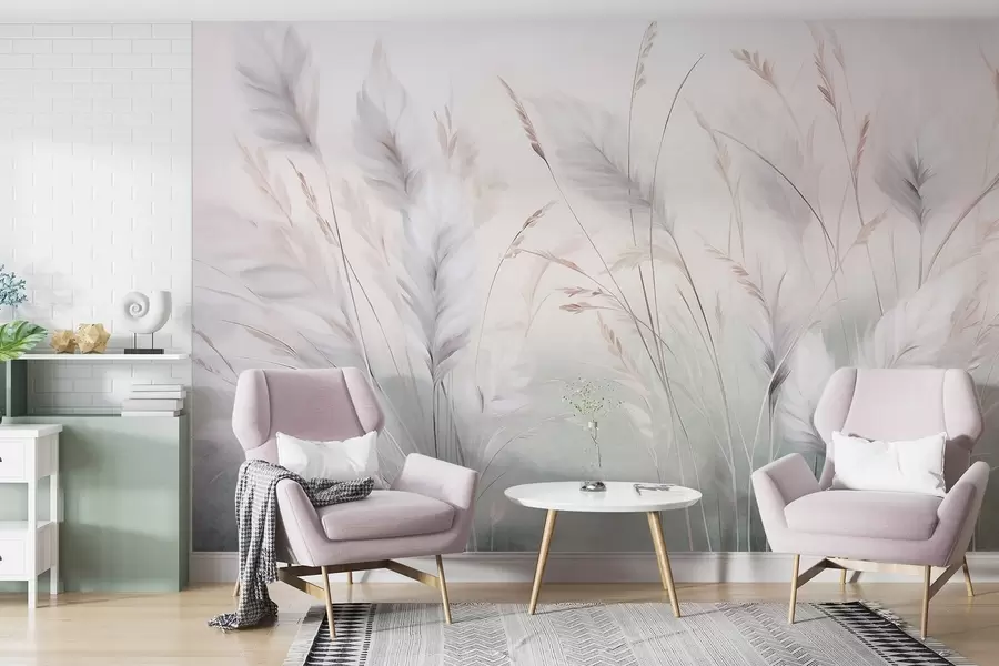 murais de parede Grama alta e esvoaçante balança suavemente contra um fundo suave e discreto; uma delicada obra de arte natural w09831