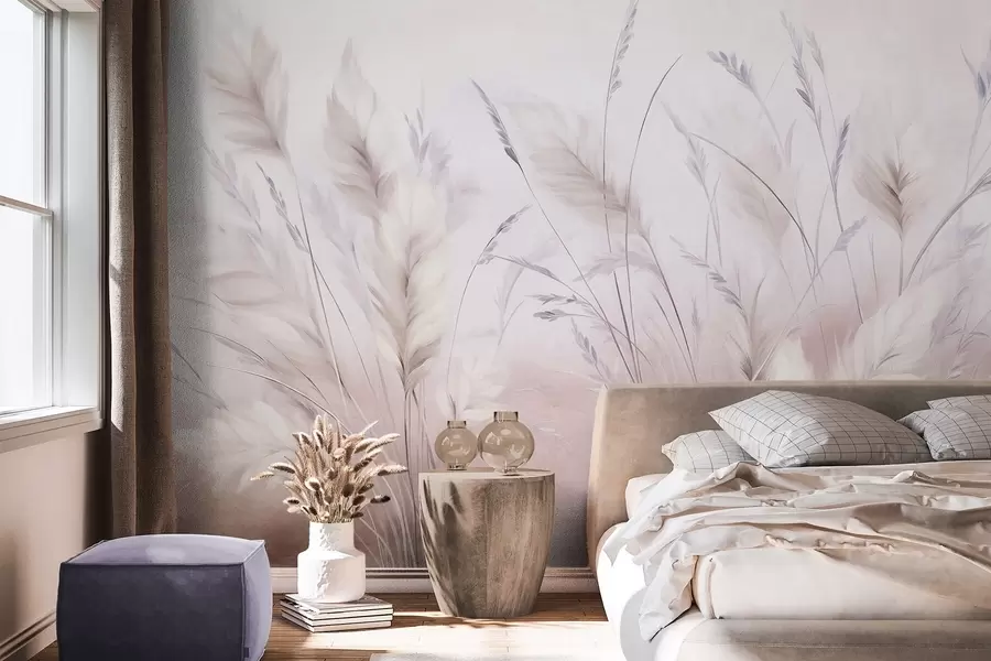 murais de parede Grama alta e esvoaçante balança suavemente contra um fundo suave e discreto; uma delicada obra de arte natural w09831v1