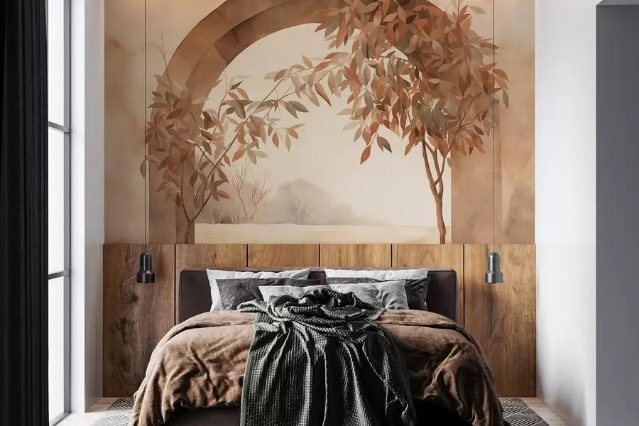 murais de parede Um arco com uma paisagem, árvores e folhagem em tons suaves de outono, obra de arte com textura w09907