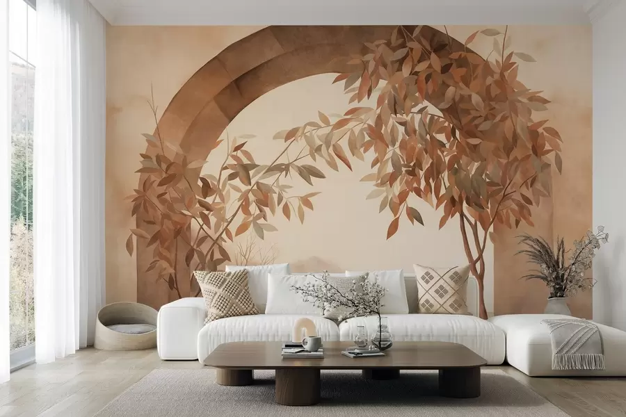 murais de parede Um arco com uma paisagem, árvores e folhagem em tons suaves de outono, obra de arte com textura w09907