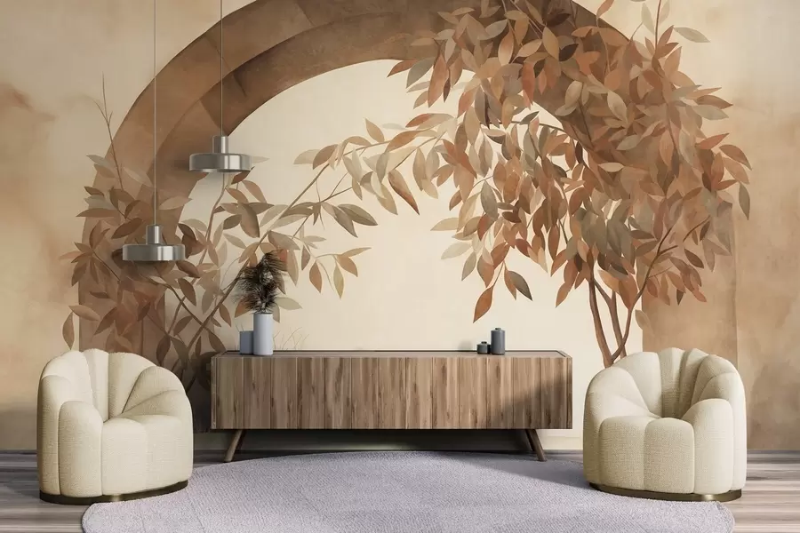 murais de parede Um arco com uma paisagem, árvores e folhagem em tons suaves de outono, obra de arte com textura w09907