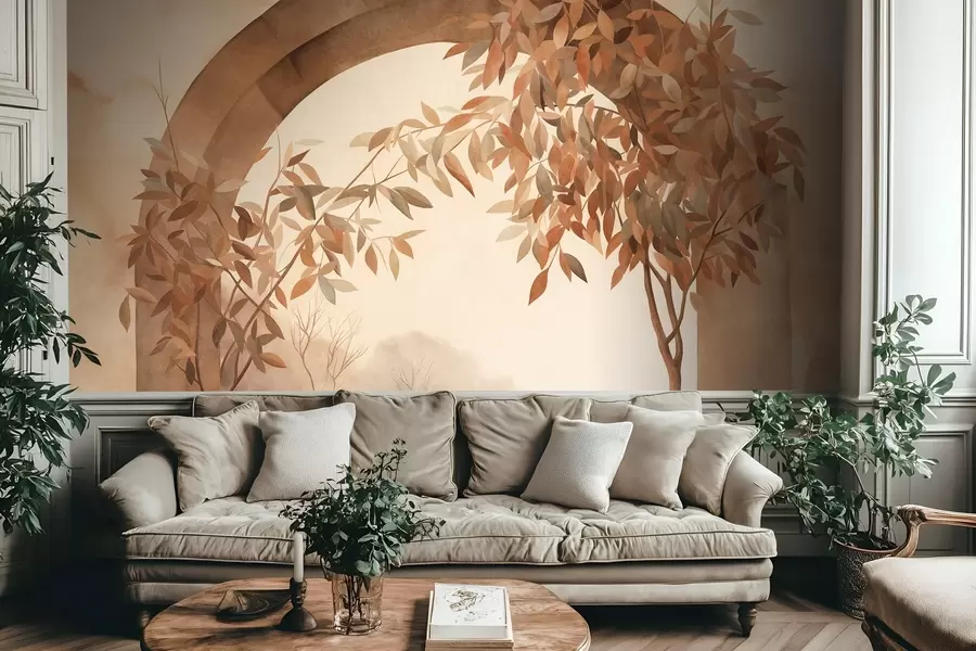 murais de parede Um arco com uma paisagem, árvores e folhagem em tons suaves de outono, obra de arte com textura w09907